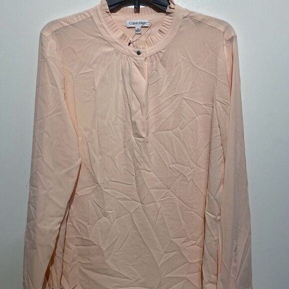 Calvin Klein Women's Peach Crew Neck Pleated Long Sleeve Blouse Size XL (NWT) - Picture 1 of 8